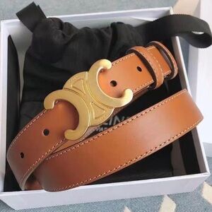 Celine Tan Leather Belt with Gold Buckle